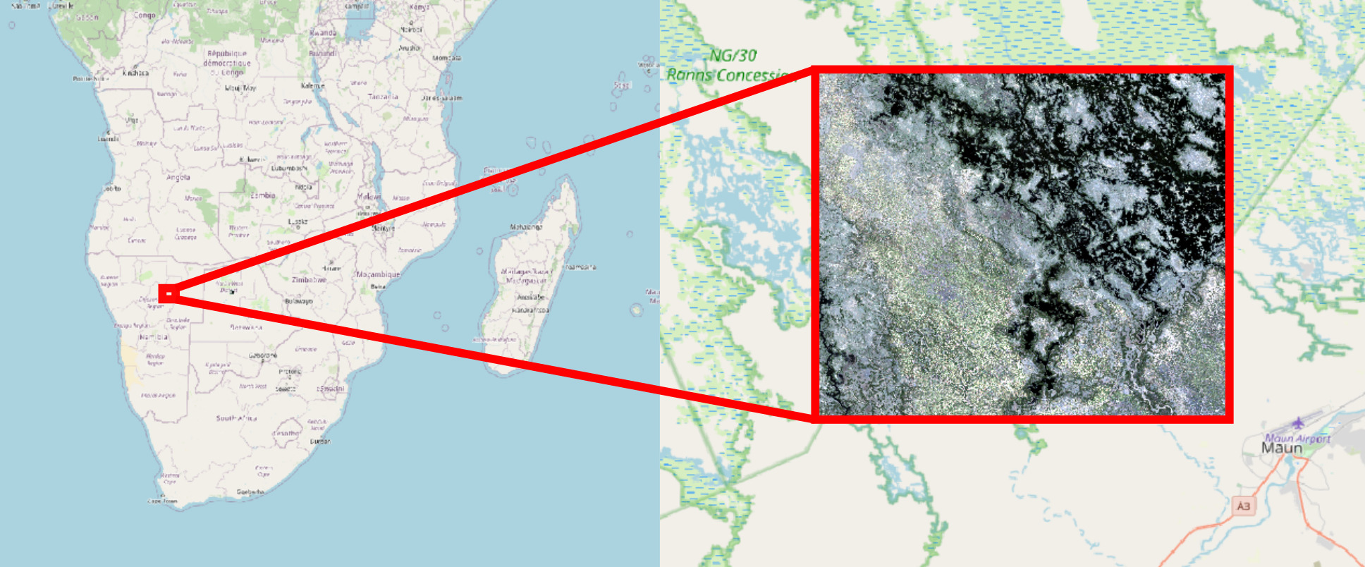 Localisation de l'image satellite dans le Sud de l'Afrique et zoom sur l'image elle-même