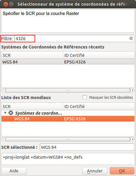 Choix du SCR WGS84 en utilisant le filtre 4326